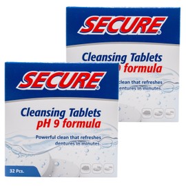 Secure Daily Cleansing Tablets - pH 9 Formula Thoroughly Cleans Dentures - Fights Odors, Stains & Germs - For Dentures, Nightguards, Retainers & Partials - 32 Tablets (2 Pack)