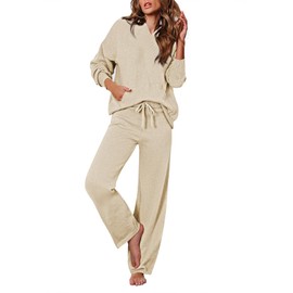 Viottiset Women's 2 Piece Outfits Sweater Set Long Sleeve Hoodies Sweaters Wide Leg Pants Lounge Sets Apricot Medium