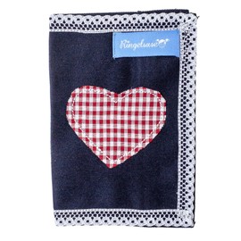 Cotton Passport Holder - Fabric Passport Cover 19 x 14 cm, Dark Blue with Checked Heart & Trim, Washable - Protective Cover for Passport, Ideal for Women & Travel
