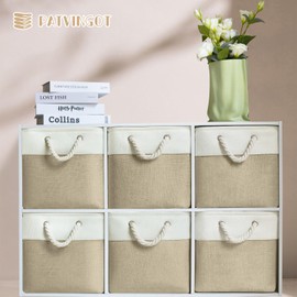 Patvingot 11x11 Cube Storage Bins, 6 Pack Foldable Fabric Organizer Bins with Rope Handles, Storage Cubes for Organizing Bedroom, Living Room, Clothes and Toys, Shelves and Closet (White & Khaki)