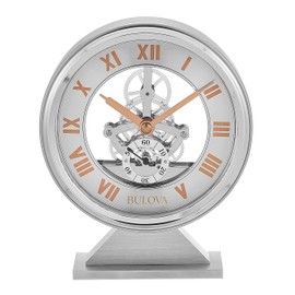 Bulova Torrance Brushed Aluminum Clock B1721 | Exposed Skeleton Design | Quartz Movement | Glass Panel Design | 5.25 x 6.5 Inch