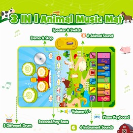 Musical Toys for 1 2 3 Year Old Girls Boys, 3 In 1 Animal Piano Drum Mat with 19 Sounds & Rcording Function Toddler Toys 1 2 3 Year Old Girls Boy Gifts, 1st Birthday Gifts for Girls Boy Toys Age 2 3