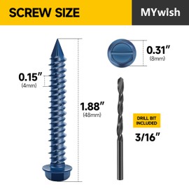 Mywish 100Pcs Concrete Screws, 1/4 x 1-3/4" Slotted Hex Washer Head Stucco Screws Anchor Kit with 3/16 Drill Bit, Masonry Screws Self Tapping for Anchoring to Masonry, Block or Brick Stucco