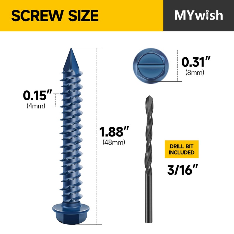 Mywish 100Pcs Concrete Screws, 1/4 x 1-3/4" Slotted Hex Washer
