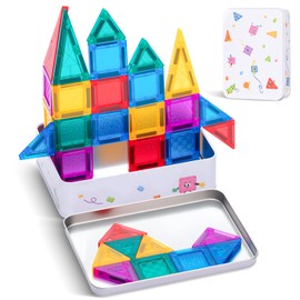 Mini Magnetic Tiles with Iron Case, 60 Pcs Travel Magnetic Toys Set, Magnet Building Block Set, Magnatiles for Toddlers 1-3, Travel Toys for Kids Ages 3+, Gifts for Boys & Girls Birthday Christmas