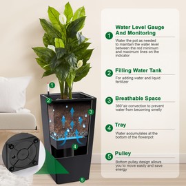 GarveeLife 30" Tall Planters Set of 2, Outdoor＆Indoor Black Planter Pots, High Front Porch Planter Pots with Drainage Holes＆Water Level Monitor＆Inner Bucket, Automatic Watering, Black