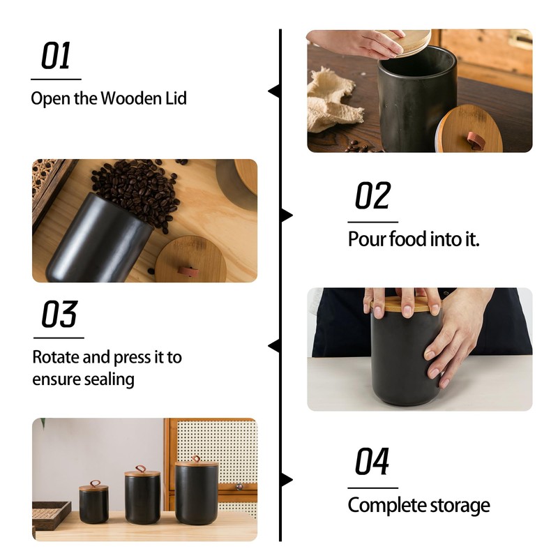 Tenforie Black Canister Sets for Kitchen, 3pcs Ceramic Canisters with