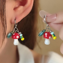 Cute Resin Mushroom Hoops Earrings Funny Beads Leaf Jewelry Colorful Charms for Women Adorable Spring Summer Accessories Gifts (Red)