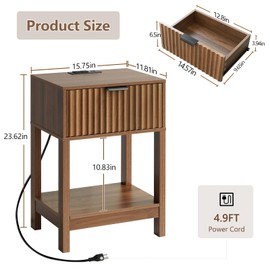 Nasonet Night Stand Set 2, Fluted Nightstand with Charging Station, Wood Bedside Table with Drawer & Storage Shelf, Modern End Tables for Bedroom Sofa Couch Office, Walnut