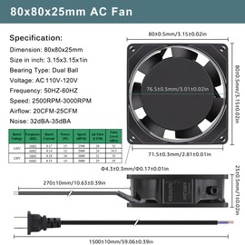 GDSTIME AC Fan 8025, 8cm 80mm 100V 110V 120V AC AXIAL Fan, Industrial Case Fan. Ventilation Exhaust Projects Brushless Small Cooling Fan Ball Bearing