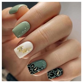 Green Press on Nails Short Porcelain White Fake Nails Glossy Square False Nails with Glue on Nails Leopard Print&Glitter Powder Designs Artificial Acrylic Nails Office Home Stick on Nails for Women Girls