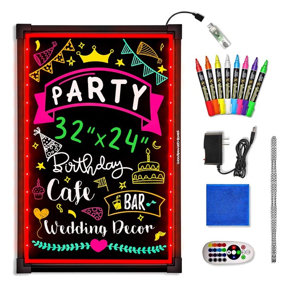 Woodsam LED Message Writing Board - 32"x24" Flashing Illuminated Erasable Neon Sign With 8 Fluorescent Chalk Markers - Perfect For Shop/Cafe/Bar/Menu/Wedding/Decoration/Promotion/School
