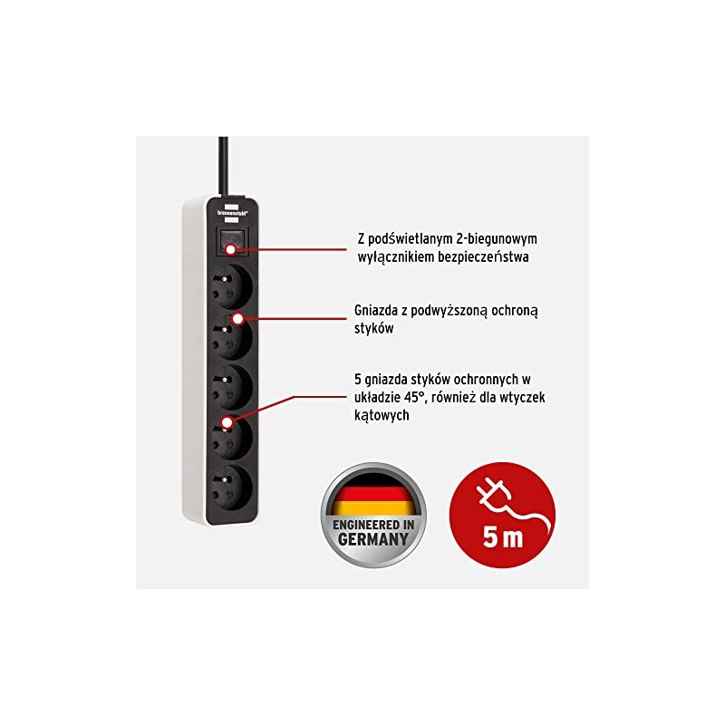 Power Strip Ecolor 5-Way White/Black 5.00 m H05VV-F 3G1.5