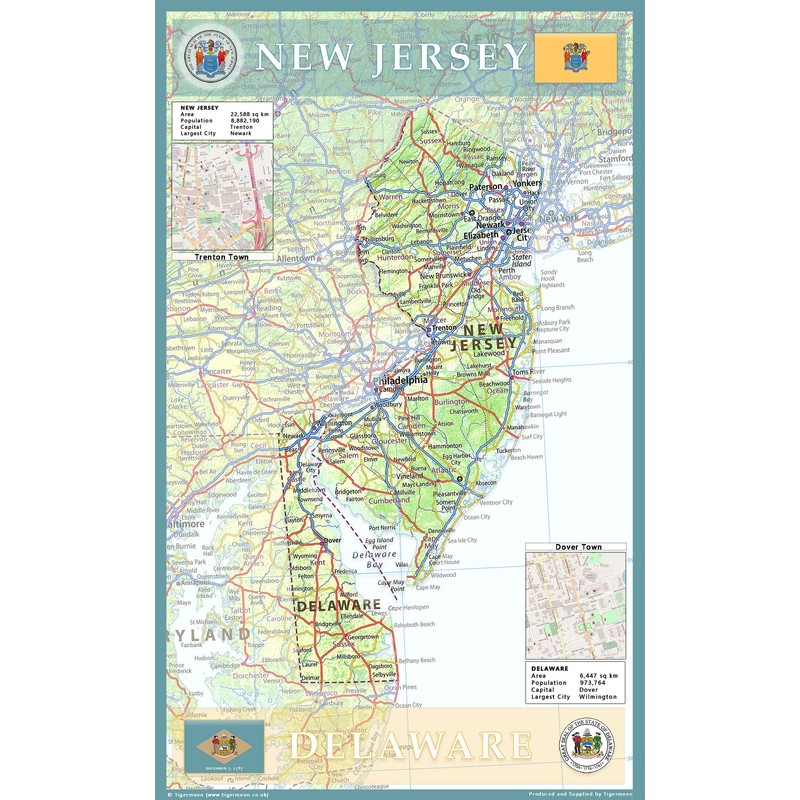 Tiger Moon New Jersey and Delaware Map - 14.3 x