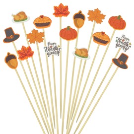 200PCS Thanksgiving Wooden Cocktail Picks Cupcake Toppers – Turkey Day Fall Give Thanks Appetizer Fruits Sticks Toothpicks Party Supplies Decorations
