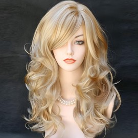 Kalyss Blonde Wig With Bangs Long Blonde Curly Wigs for Women Heat Resistant Synthetic Hair Wavy Blonde Highlights Wigs for Women 22 Inches