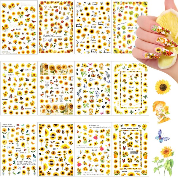 12 Sheets Sunflower Nail Art Stickers Floral Flower Nail Stickers Self-Adhesive Nail Decals Flower Nail Art Decals Colorful Butterfly Flower Nail Stickers for Women Girls, 3.74 x 2.56 Inches