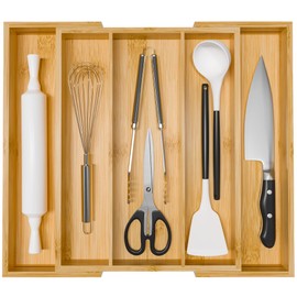 Bamboo Utensil Organizer Cutlery Organizer - Expandable 5 Slots Multipurpose Kitchen Drawer Organizer for Large Cooking Utensils, Baking Tools, Knife Set W13.7"-19.9" x L17.6" X H2.5"(Yellow)