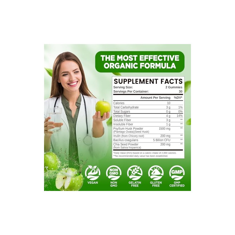 Psyllium Husk Gummies, 1500mg Psyllium Husk Fiber Supplement with Probiotics,