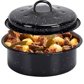 GOURMEX 7lb Round Black Ceramic Enamel Coated Roasting Pan | Dutch Oven Pot with Lid | Dishwasher Safe, Oven Safe, Freezer Safe | Ideal for Chicken, Turkey Roasting Pan