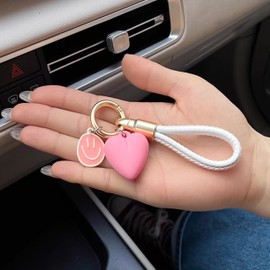 POKSRI car keychain for women,Leather key chain, love heart-shaped charm,girl key ring,smiley face Fob Key Keychains with Rotatable Snap Swivel,Pink