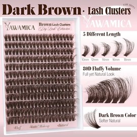Extensiones de pestañas en racimo de color marrón oscuro, 80D, esponjosas y onduladas, rizadas D, de 0.35 a 0.70 pulgadas, pestañas individuales en ra
