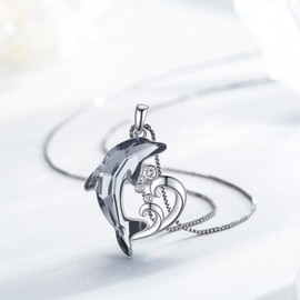 TwoAnts Dolphin Necklace 925 Sterling Silver Dolphin Pendant Necklace with Crystal Dolphin Beach Themes Ocean Wave Jewelry Dolphin Gifts for Women Daughter Birthday