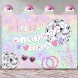 In My Birthday Era Party Backdrop Banner 5x3Ft, Disco Ball Design with Pastel Rainbow Background Birthday Banner, Photo Booth Decoration Banner