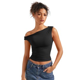 SUUKSESS Women Off Shoulder Tops Sleeveless Shirts Y2K Trendy Going Out Crop Tank Top (Solid Black,L)