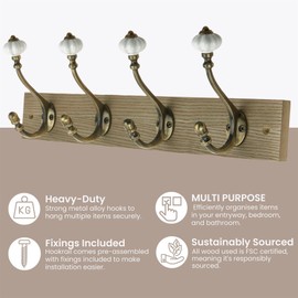 Keypak Victorian Wall-Mounted Coat 4,Hook Rail, 46 cm, Handcrafted Dark Wood with Brass & Ceramic Hooks for Coats, Towels & Bags