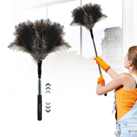 Extendable Feather Duster - 47 inches Fluffy Long Handle Reusable Feather Duster for Cleaning Ceiling Fan,Pendant lamp, High Ceiling, Blinds, Furniture，Ostrich Feather Duster