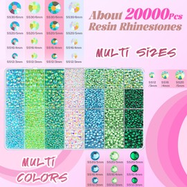 20000Pcs Green Rhinestones for Bedazzling with B7000 Jewelry Glue, Resin Rhinestones for Crafting Crafts DIY, Bedazzler Kit Gems for Clothing Shoes Tumblers Fabric Nail Art Assorted Size 3/4/5/6mm