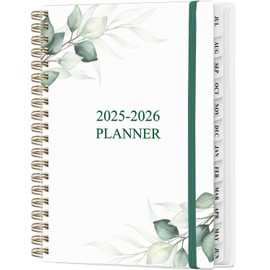 Planner 2025-2026 - Weekly & Monthly Planner from July 2025 to June 2026, Agenda 2025 2026 with Inner Pocket, Elastic Band, 6.4" x 8.5", Green Leaf