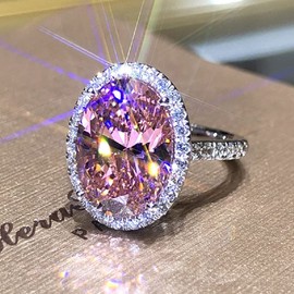 SUKKCCNO S925 Silver Goose Egg Pink Diamond Ring AAA Cubic Zirconia Ring Pink Pigeon Egg Proposal Ring (Size 10)