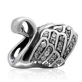Fairy Swan Charm with Crystal 925 Sterling Silver Animal Bead Pet Charm for DIY Charms Charms Bracelet (B)