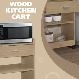 Kings Brand Furniture Dellow Microwave Cart with Storage Shelves and Drawer - 2 Shelf Veneers & Wood Kitchen Cart with Storage - Lockable & Unlockable Microwave Wooden Cart with Wheels - Beech