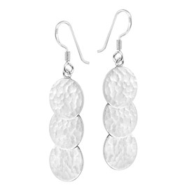 Trendy Cascading Hammered Triple Disc Circles .925 Sterling Silver Dangle Earrings for Women