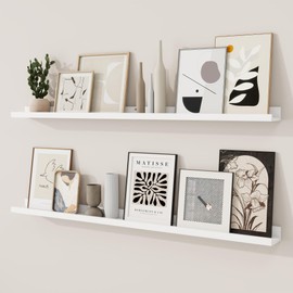 RICHFOCUS Picture Ledge Shelf, 48 inch Floating Shelves Set of 2, Wood Wall Shelves with Lip, Wall Decor Storage for Bedroom Living Room Bathroom Kitchen Nursery Photo Picture, White