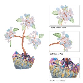 Nupuyai Aquamarine & Rose Quartz Crystal Money Tree with Rainbow Titanium Crystal Base, Fengshui Tree of Life Figurine Healing Stone Gem Tree Ornament Good Luck Home Office Decor