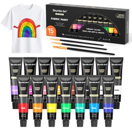 Shuttle Art Fabric Paint Permanent for Clothes, 15 x 12ml Colours Fabric Paints Set with Brushes, Palette, Stencils, Non-Toxic Waterproof Textile Paints for T-Shirt, Shoes, Bag, Jeans