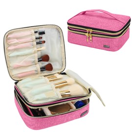 Teamoy Travel Makeup Brush Organizer, Cosmetic Brushes Bag Case with Compartment for Brushes and Beauty Essentials, Pink