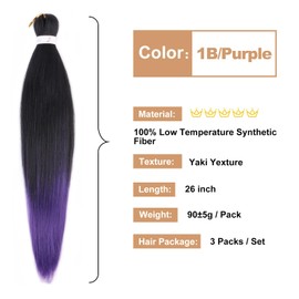Ombre Natural Black to Purple Braiding Hair Pre stretched 26 Inch 3 Packs Pre-stretched Braiding Hair EZ Braid Synthetic Hair Extensions for Crochet Box Braids