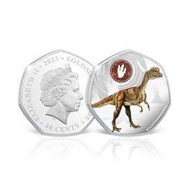 The Koin Club Age of Dinosaurs 2023 Shaped Silver Colour Coin - 12 to Collect - Dilophosaurus