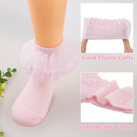 4/6 Pack Baby Toddler Girls Ruffle Socks White Princess Eyelet Frilly Lace Ankle Cotton Dress Socks for Little/Big Kids