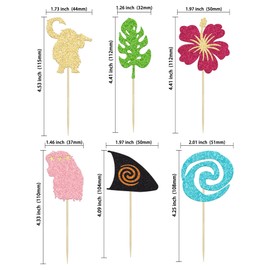 Gyufise 24Pcs Moana Inspired Cupcake Toppers Glitter Palm Leaf Flower Moana Cupcake Pick Decorations for Tropical Hawaiian Luau Theme Baby Shower Birthday Party Supplies