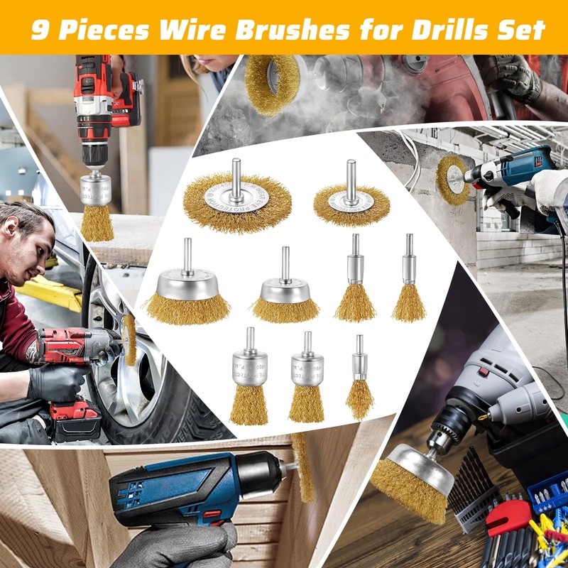 Yokuni 9 Piece Wire Brush Drill Set, Brass Coated Wire