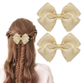 Ouligay 2 Pcs Gold Hair Bows Alligator Clips, Glitter Gold Ribbon Hair Accessories for Girls Toddlers Kids Women, Wedding Birthday Christmas Party Decor