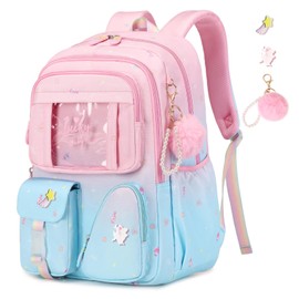 MUSEVOS Sweet Gradient Color School Backpack for Girls, Kawaii Girls Backpack Kids Bookbag, Elementary Middle Schoolbag, Pink/Blue