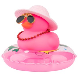 wonuu Rubber Duck Car Decorations Cute Car Accessories Dashboard Car Ornament with Cowboy Hat Swim Ring Colour Necklace and Sunglasses,F_pink red necklace dolphin ring pink straw cap