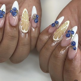 French Tip Press on Nails Almond Medium Fake Nails Summer False Nails Press ons 3D Lemon Fruit Acrylic Nails Glossy Artificial Glue on Nail for Women Manicure Nails Decoration